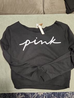 PINK Black Crewneck Sweatshirt with Script Logo